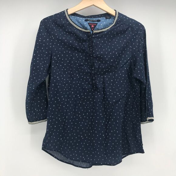 Maison Scotch Top Womens 2 Navy Light Blue Polka Dot Ruffle Button Metal Trim - Picture 1 of 13